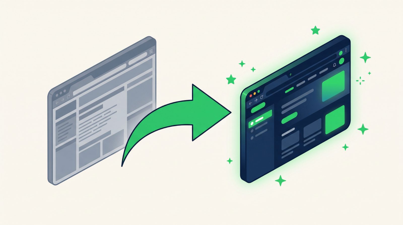 Illustration eines Website-Relaunches: veraltete Seite wird durch ein modernes Layout ersetzt